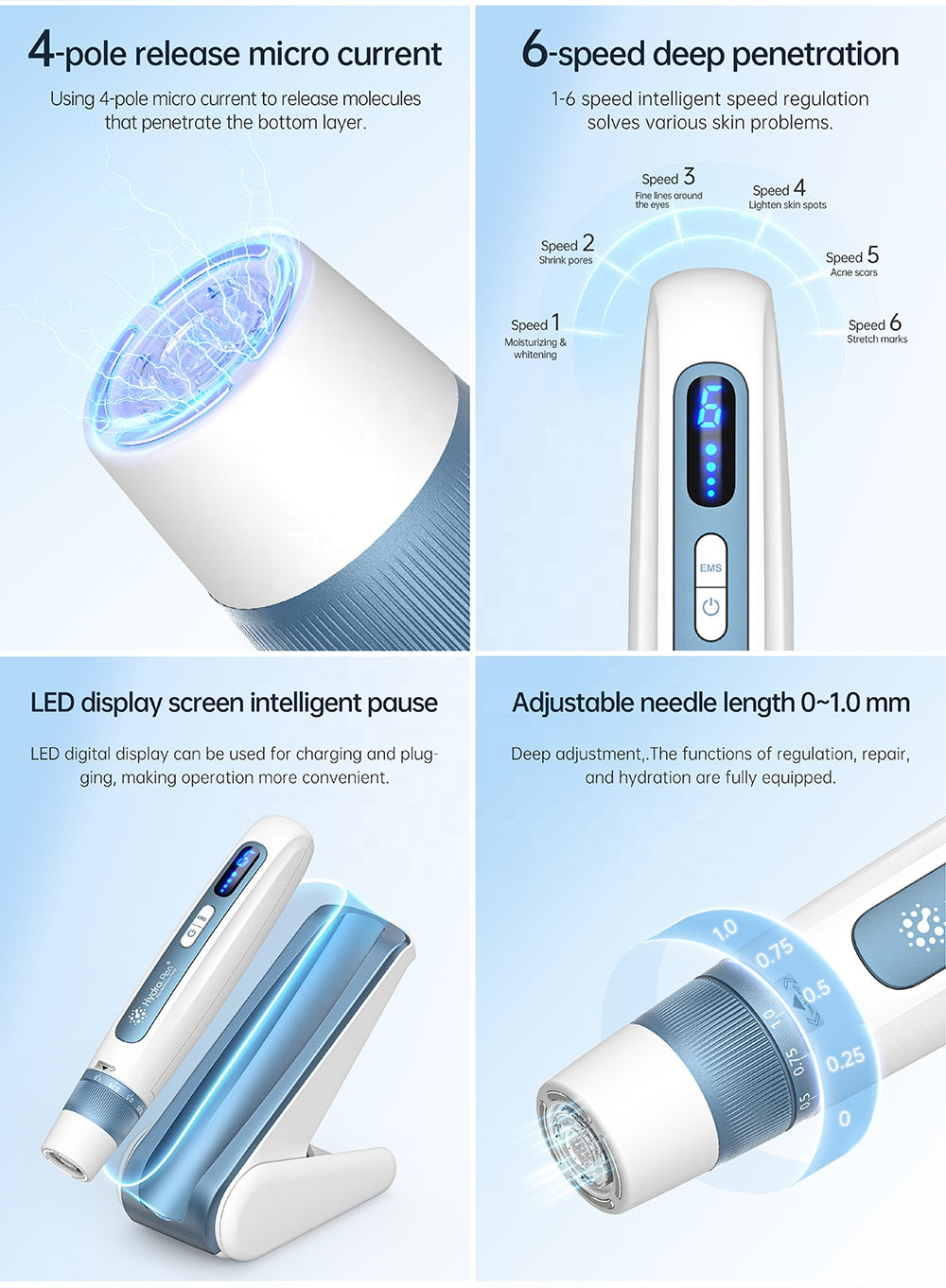 Tổng quan về Hydra Pen H5 minh họa EMS, sáu tốc độ, cơ sở tạm dừng và điều chỉnh độ sâu