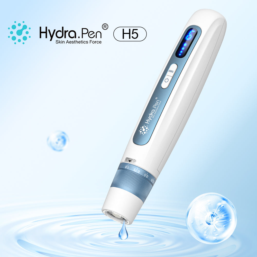 Màu xanh thép Hydra Pen H5 với đầu kim thay thế bình chứa được trang bị trên nền màu xanh lam