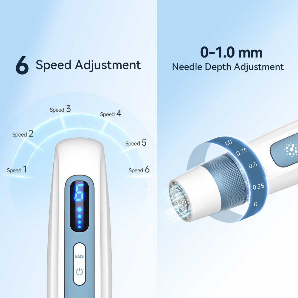 Hydra Pen H5 hiển thị sáu tốc độ và vòng chỉnh độ dài kim thủ công được đánh dấu từ 0 đến 1.0 mm