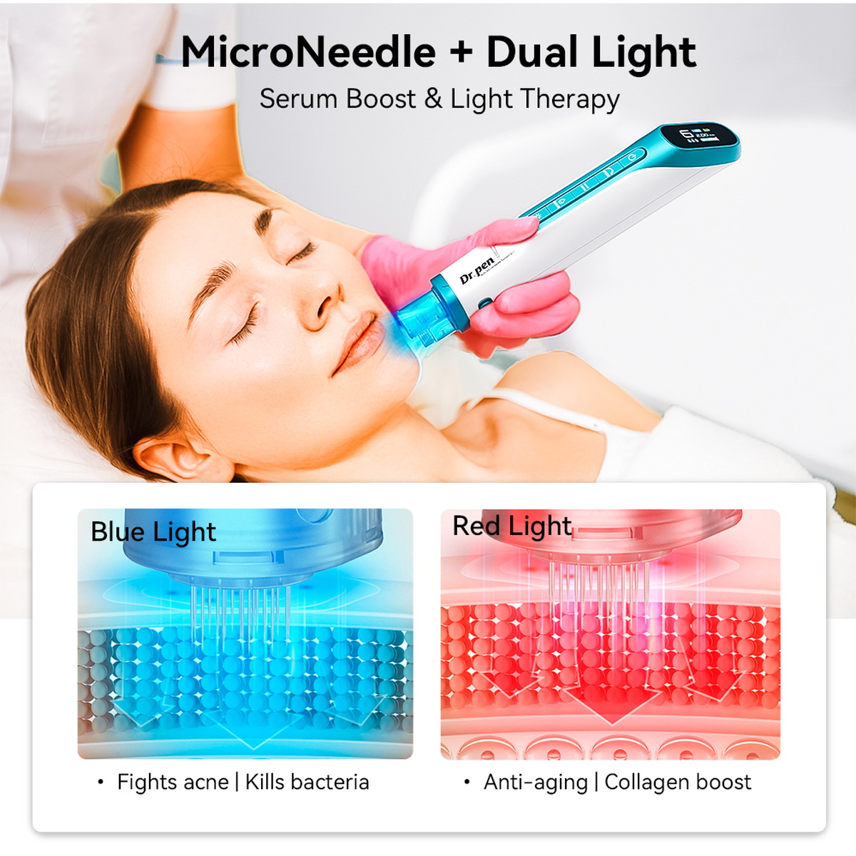 Hydra Pen H6 tùy chọn LED màu đỏ và xanh được minh họa bằng phần trình diễn sử dụng trên khuôn mặt