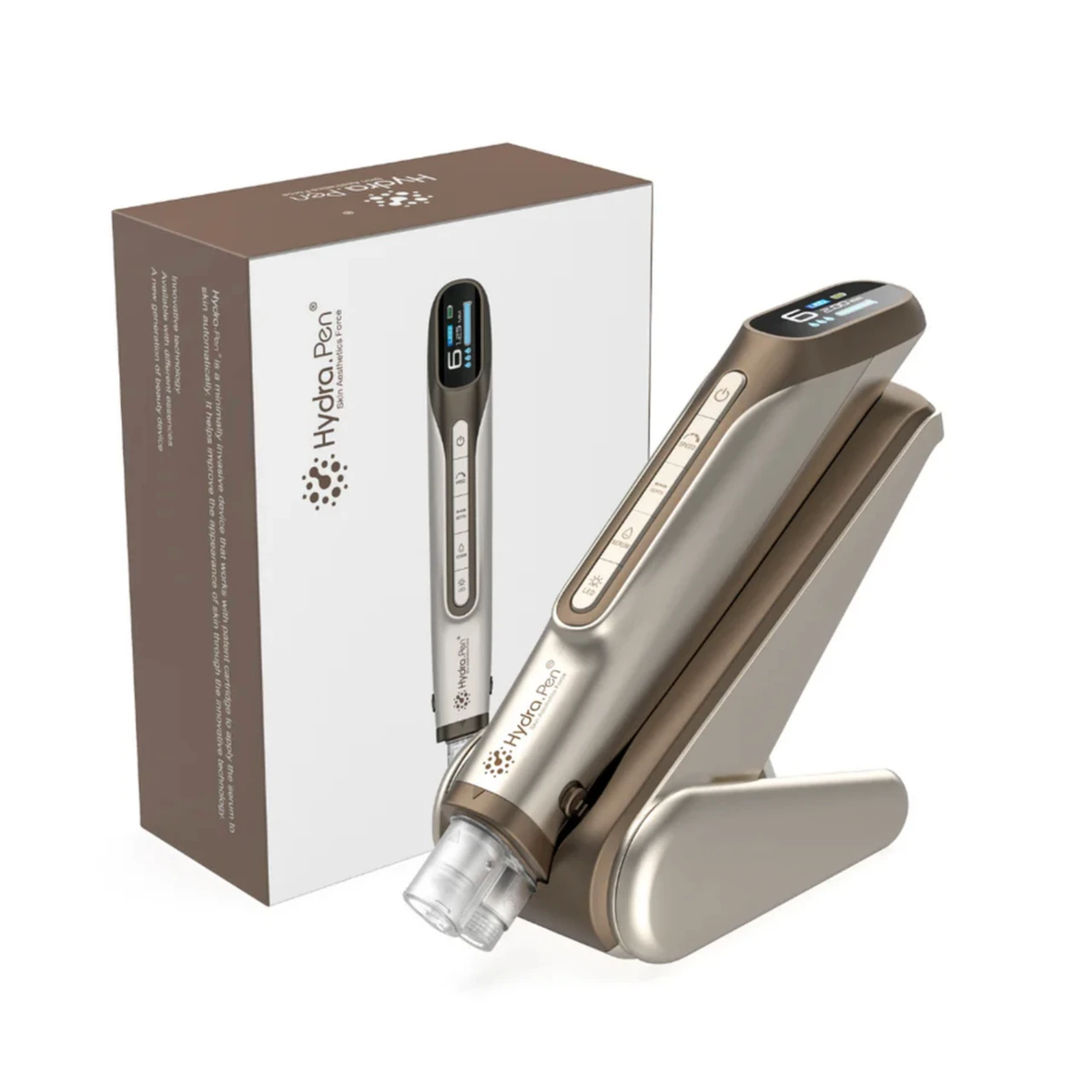 Vàng champagne Hydra Pen H6 đặt trên giá bên cạnh hộp sản phẩm phù hợp