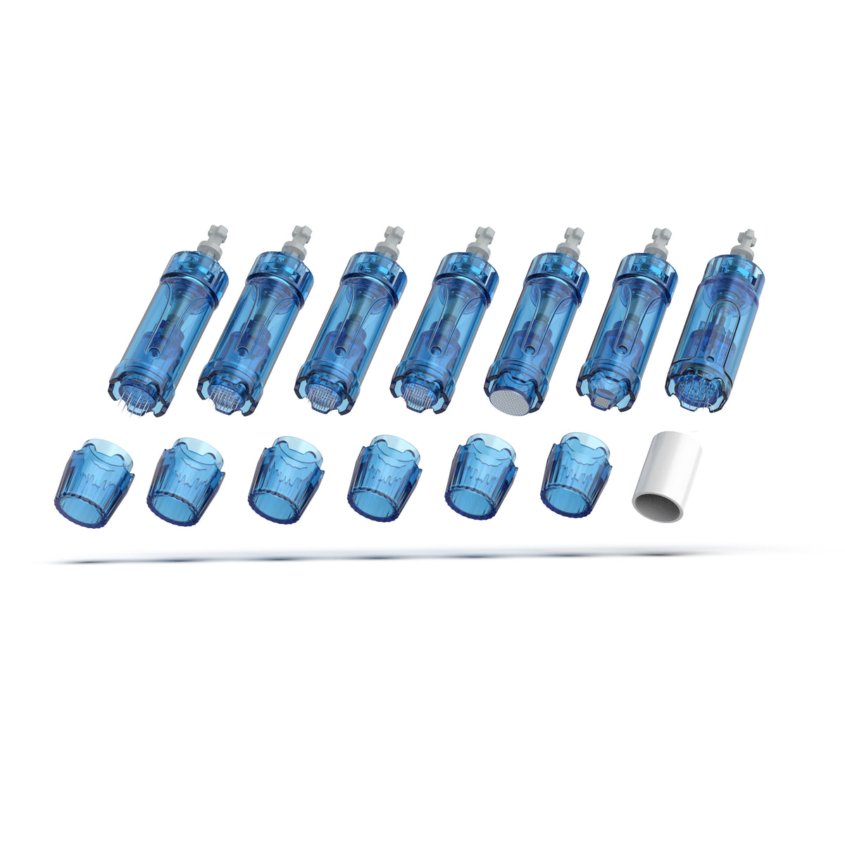 Dòng đầu kim thay thế Dr. Pen A11, M8s, A9 và A8S được hiển thị bên cạnh các nắp bảo vệ riêng biệt