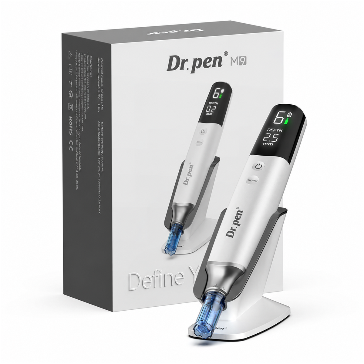 Dr. Pen M9 màu trắng trên đế, bên cạnh hộp sản phẩm gốc