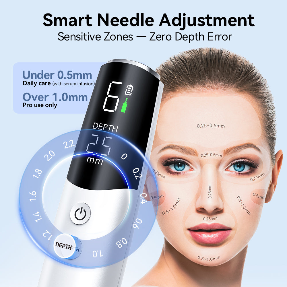 Màn hình kiểm soát độ sâu Dr. Pen M9 bên cạnh hình minh họa cài đặt độ sâu khuôn mặt của nhà cung cấp
