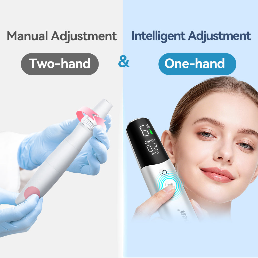 Độ sâu được điều khiển bằng nút Dr. Pen M9 được so sánh trực quan với nút xoay điều chỉnh thủ công