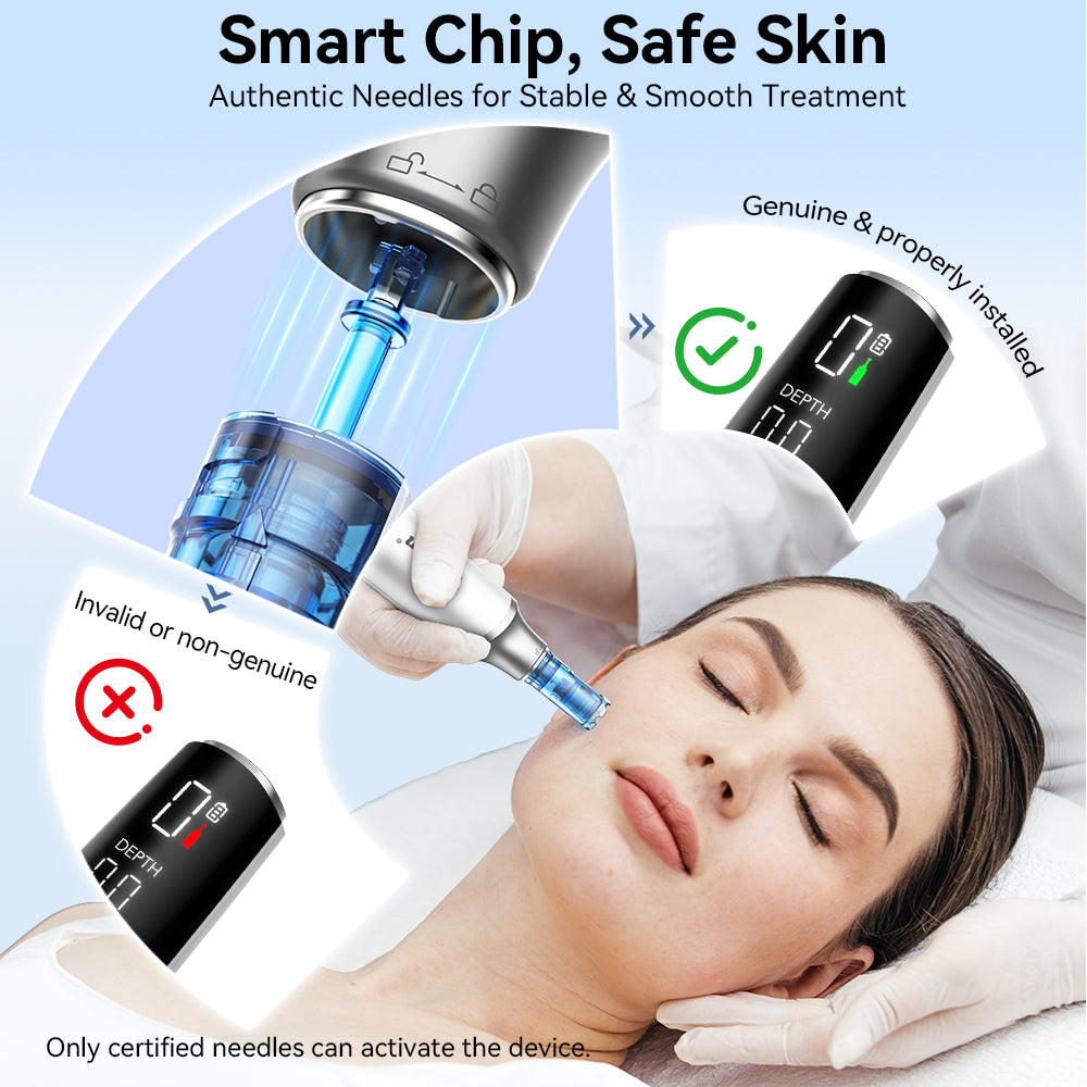 Dr. Pen M9 Đèn báo trạng thái đầu kim thay thế màu đỏ và màu xanh lá cây được minh họa trong quá trình lắp đặt đầu kim thay thế