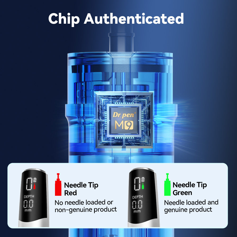 Hình minh họa chip đầu kim thay thế Dr. Pen M9 với các chỉ báo trạng thái nhận dạng màu đỏ và xanh lục