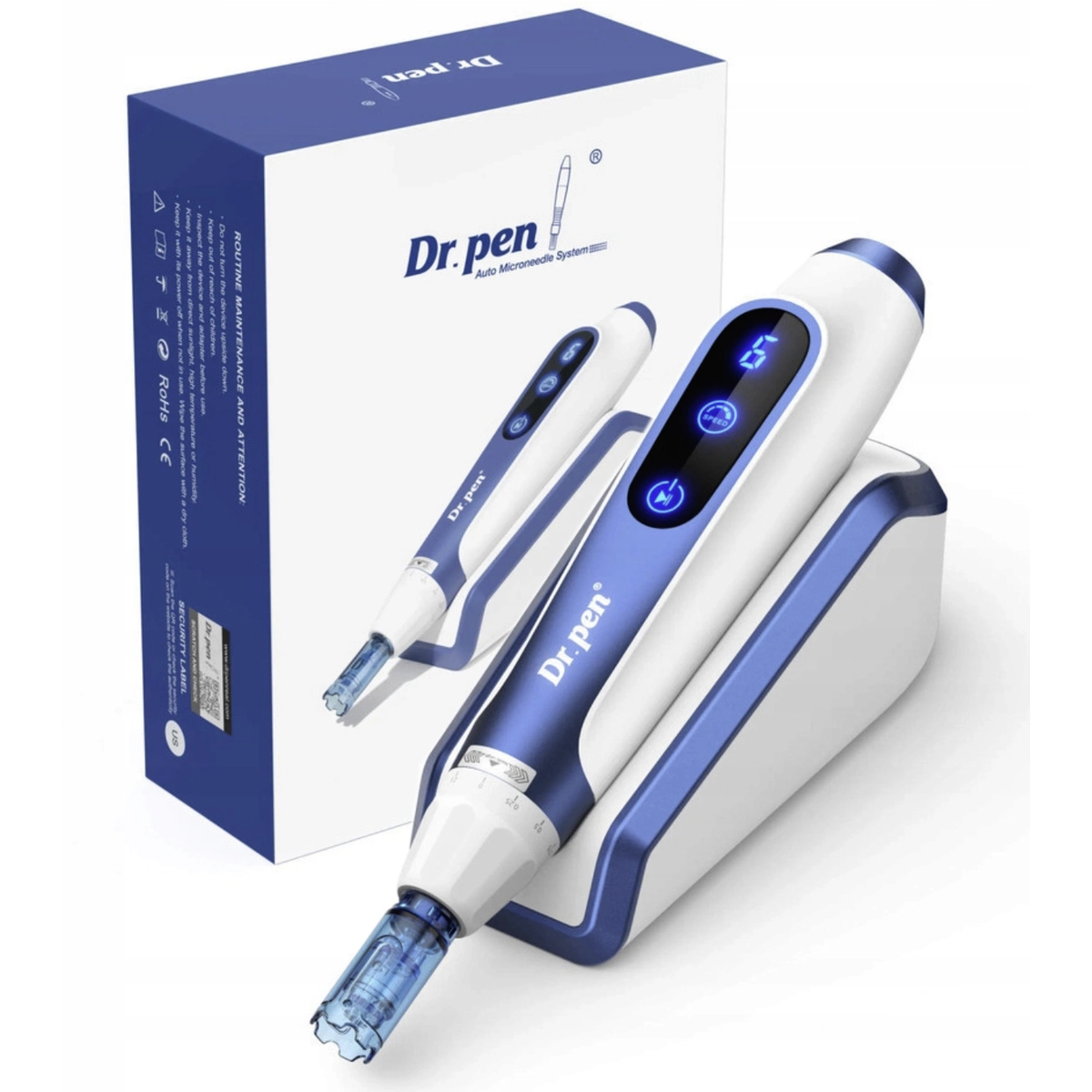 Dr. Pen A11 màu xanh và trắng trên đế tạm dừng bên cạnh hộp sản phẩm gốc