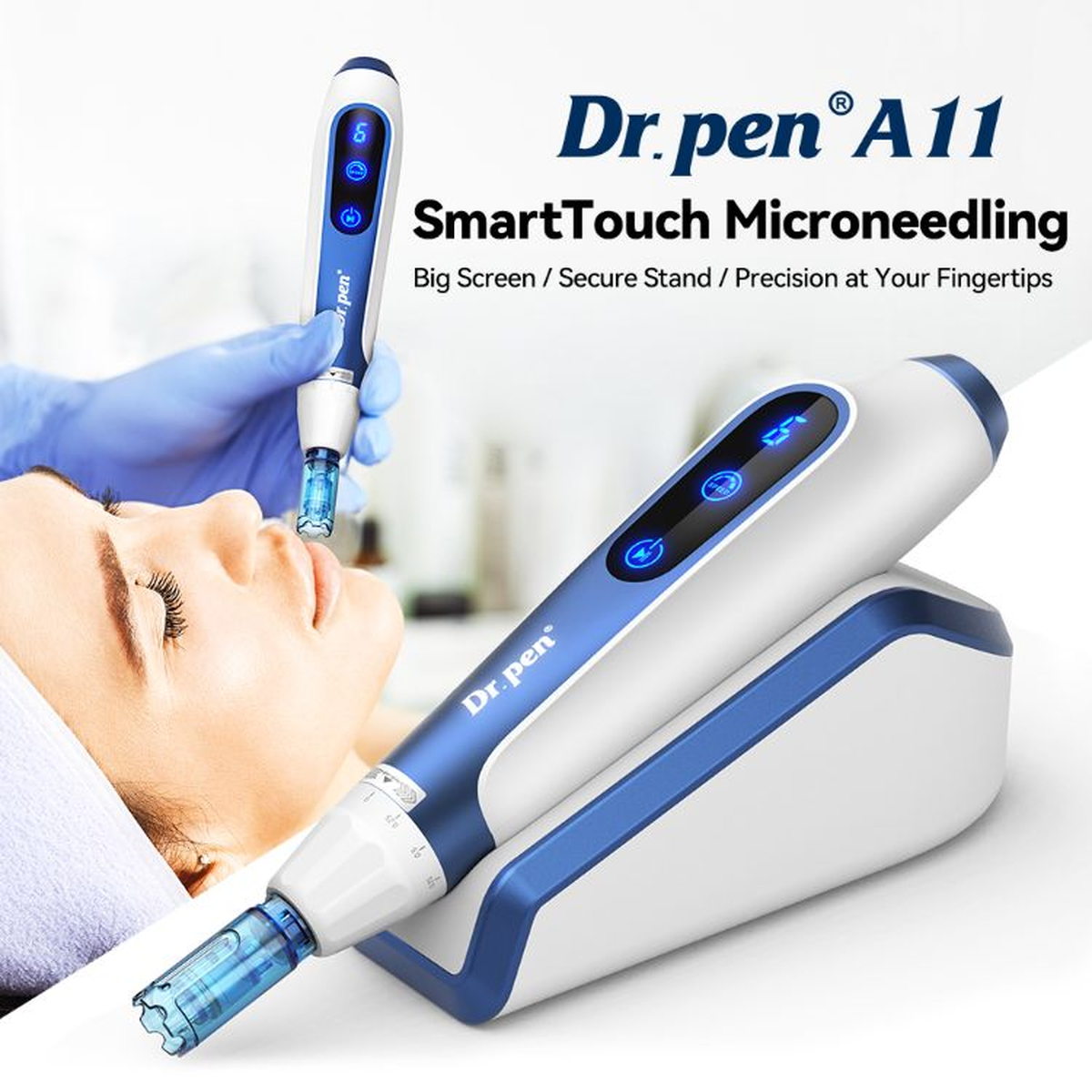 Tay cầm và đế màn hình cảm ứng Dr. Pen A11 với phần minh họa sử dụng chuyên nghiệp