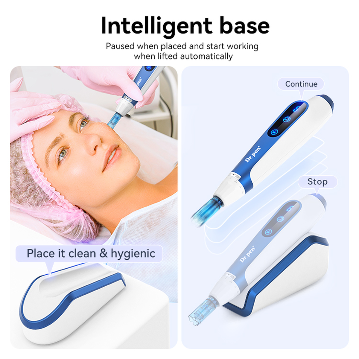 Hình minh họa chân đế Dr. Pen A11 hiển thị tính năng tự động tạm dừng khi đặt xuống và khởi động lại khi nâng lên