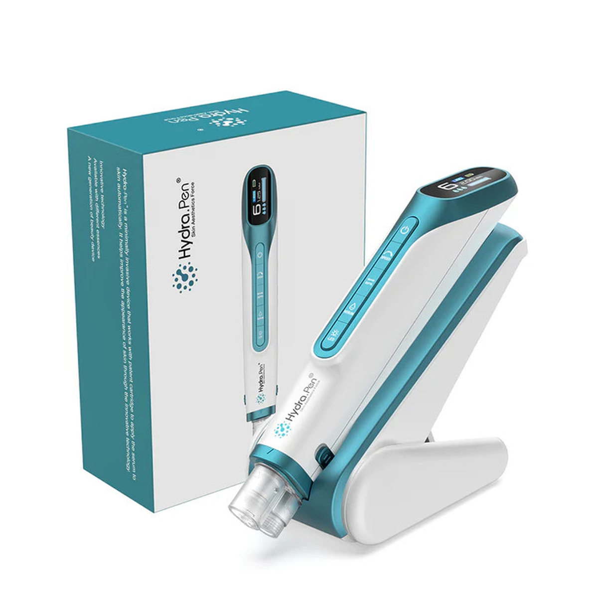 Màu xanh mòng két Hydra Pen H6 trên giá đỡ bên cạnh hộp sản phẩm phù hợp