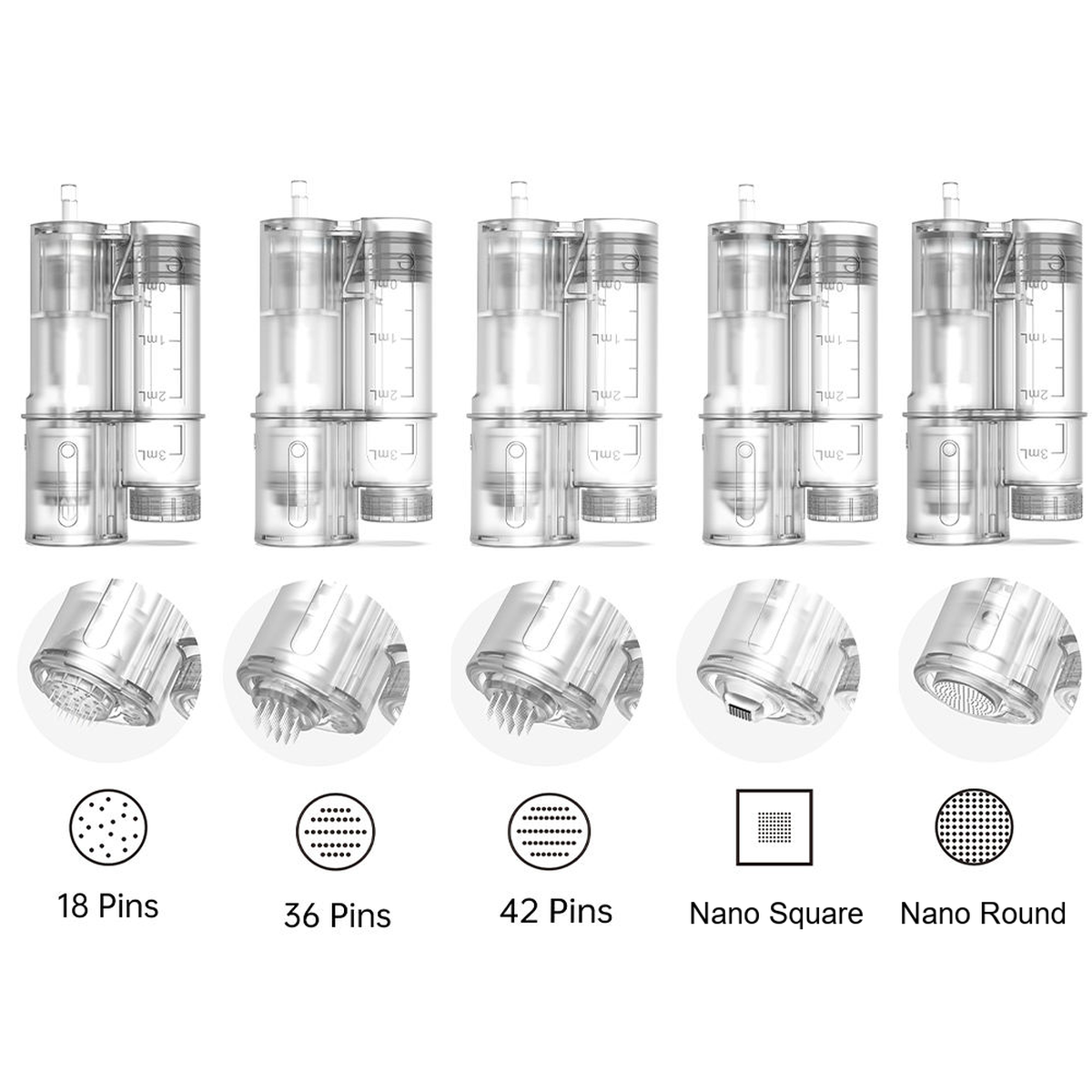 Năm loại đầu kim thay thế Hydra Pen H6 với các cụm bình chứa và sơ đồ đầu tiếp xúc