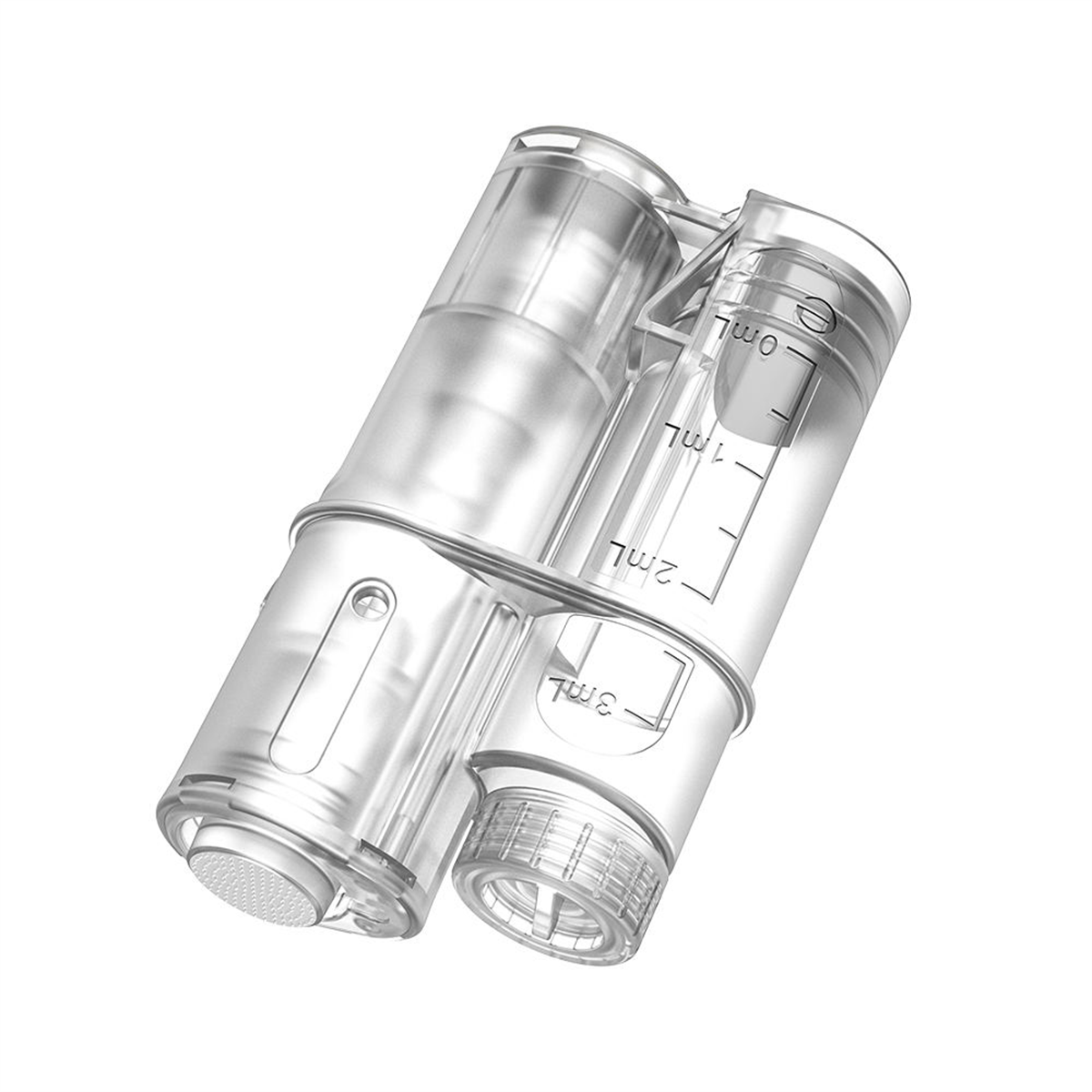 Cấu trúc đầu kim thay thế Hydra Pen H6 hiển thị đầu xử lý bên cạnh bình chứa 3 ml trống