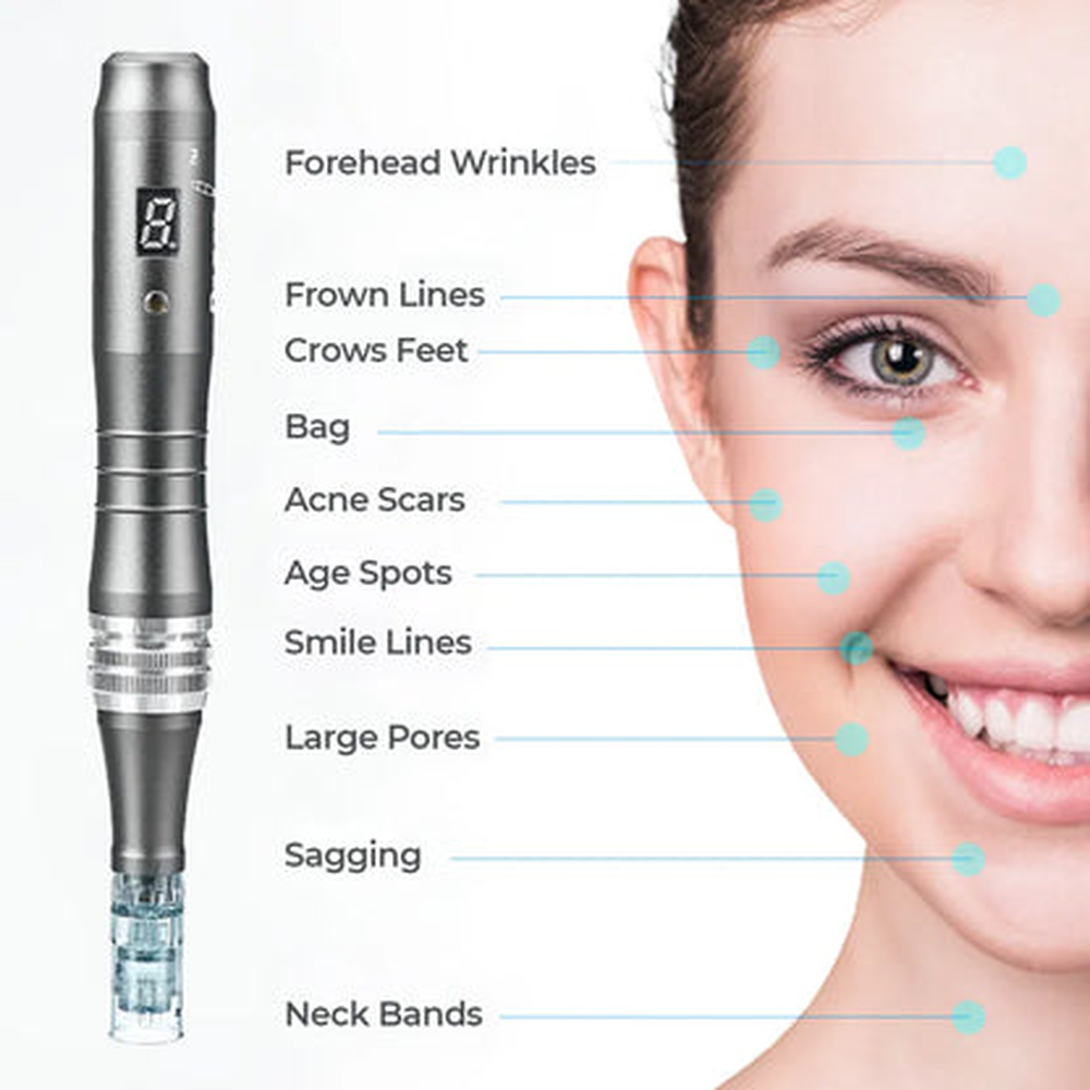 Dr. Pen M8 bên cạnh sơ đồ khuôn mặt minh họa định vị chăm sóc da của nhà cung cấp