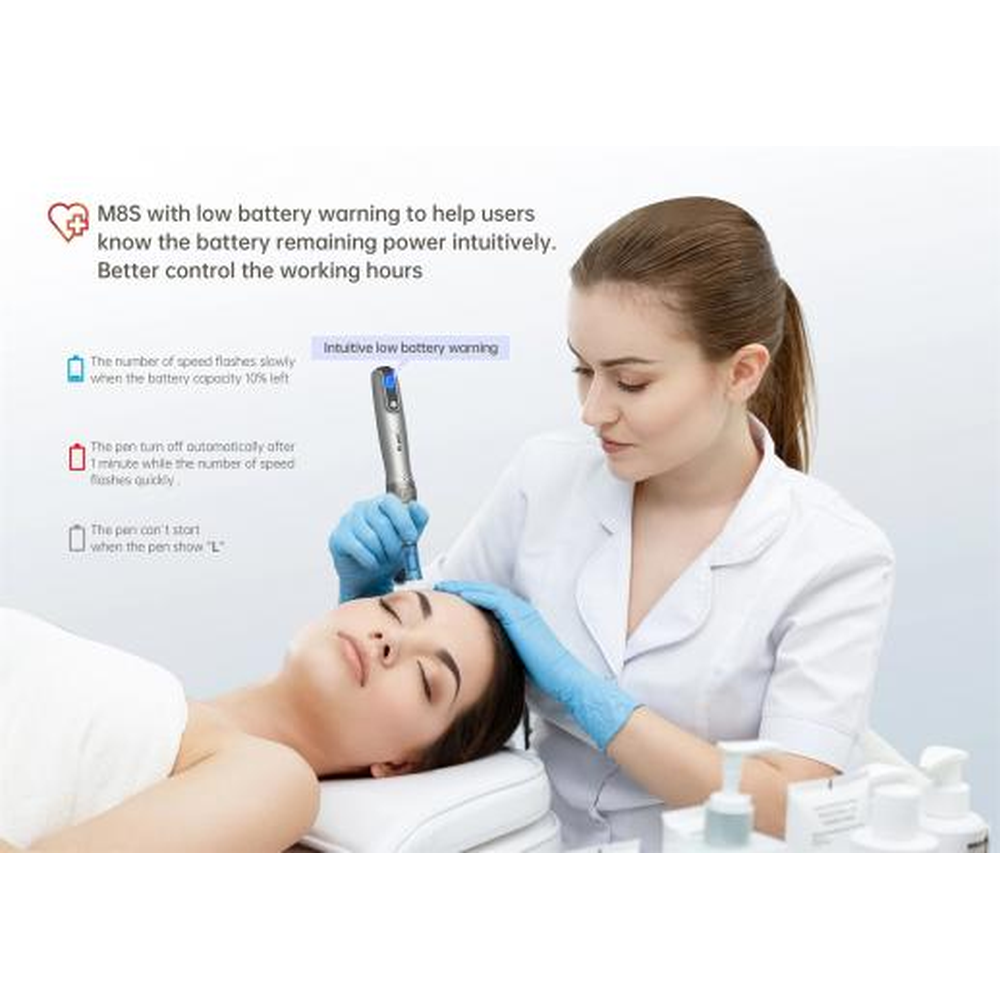 Dr. Pen M8s minh họa chỉ báo pin yếu kèm theo minh họa dành cho người dùng chuyên nghiệp