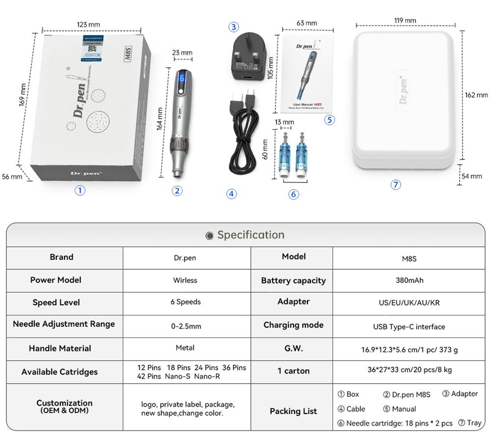 Kích thước, thông số kỹ thuật và bố cục phụ kiện tiêu chuẩn của Dr. Pen M8s